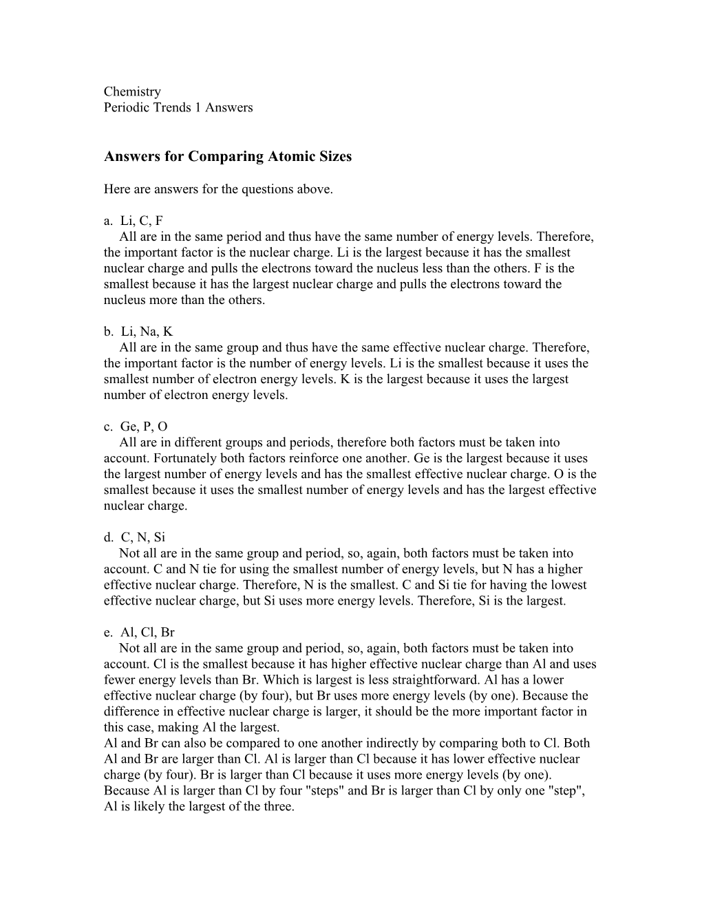 Answers for Comparing Atomic Sizes