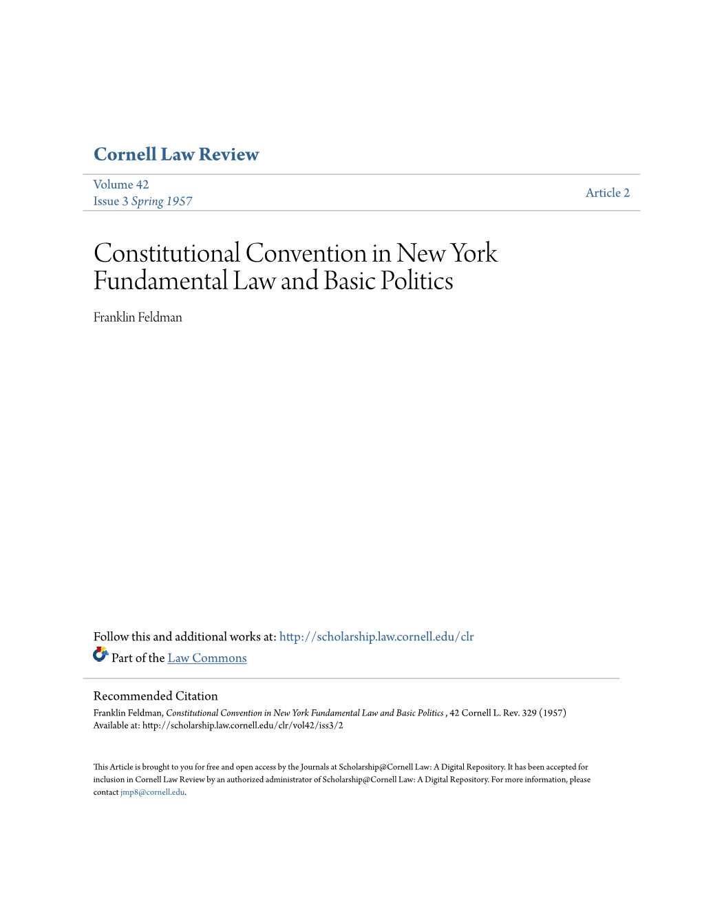 Constitutional Convention in New York Fundamental Law and Basic Politics Franklin Feldman
