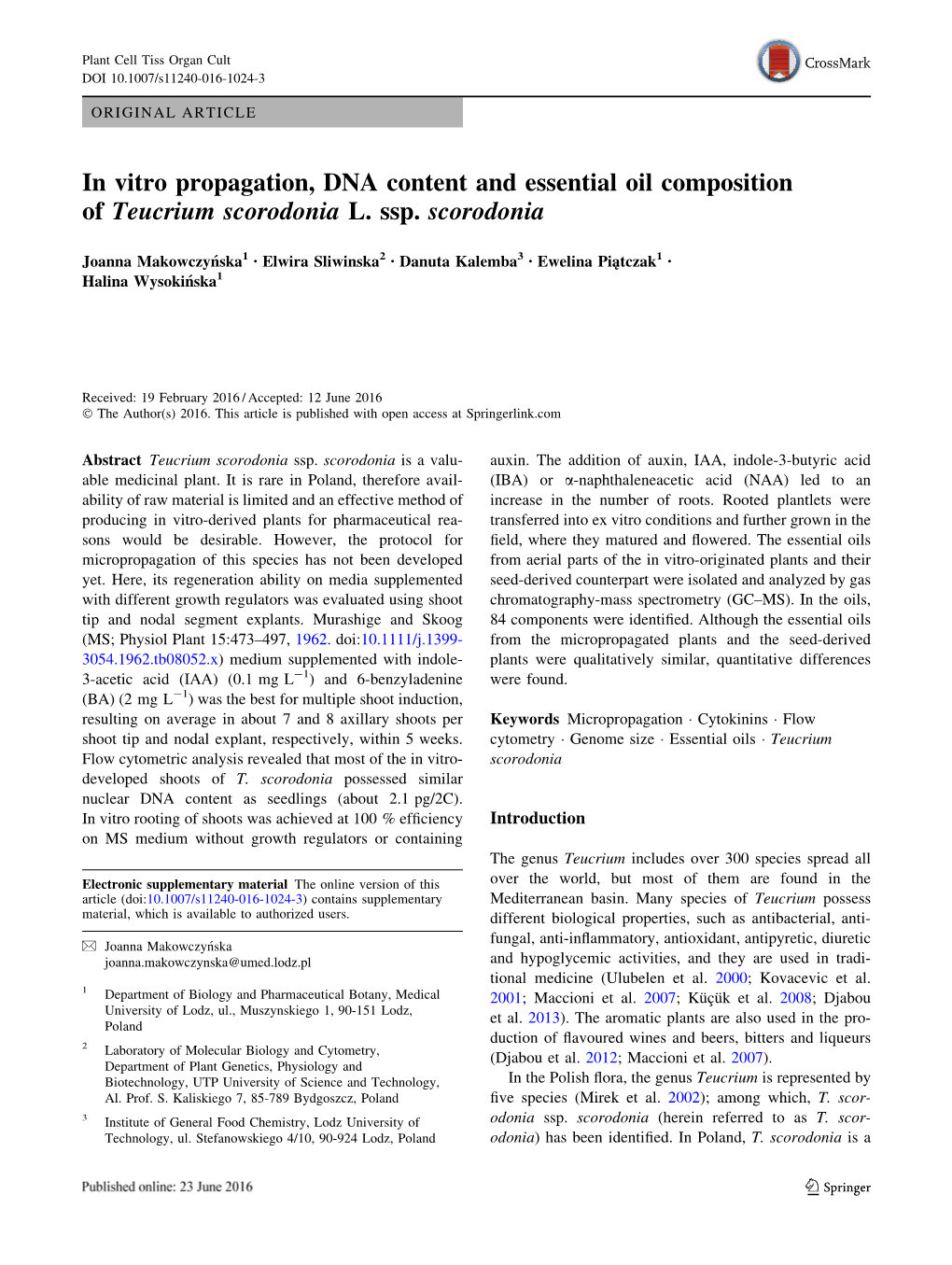 In Vitro Propagation, DNA Content and Essential Oil Composition of Teucrium Scorodonia L