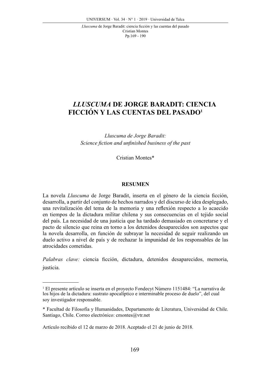 Lluscuma De Jorge Baradit: Ciencia Ficción Y Las Cuentas Del Pasado Cristian Montes Pp.169 - 190