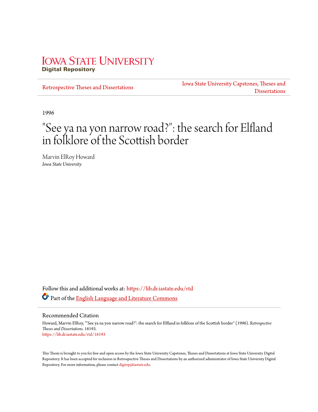The Search for Elfland in Folklore of the Scottish Border Marvin Elroy Howard Iowa State University