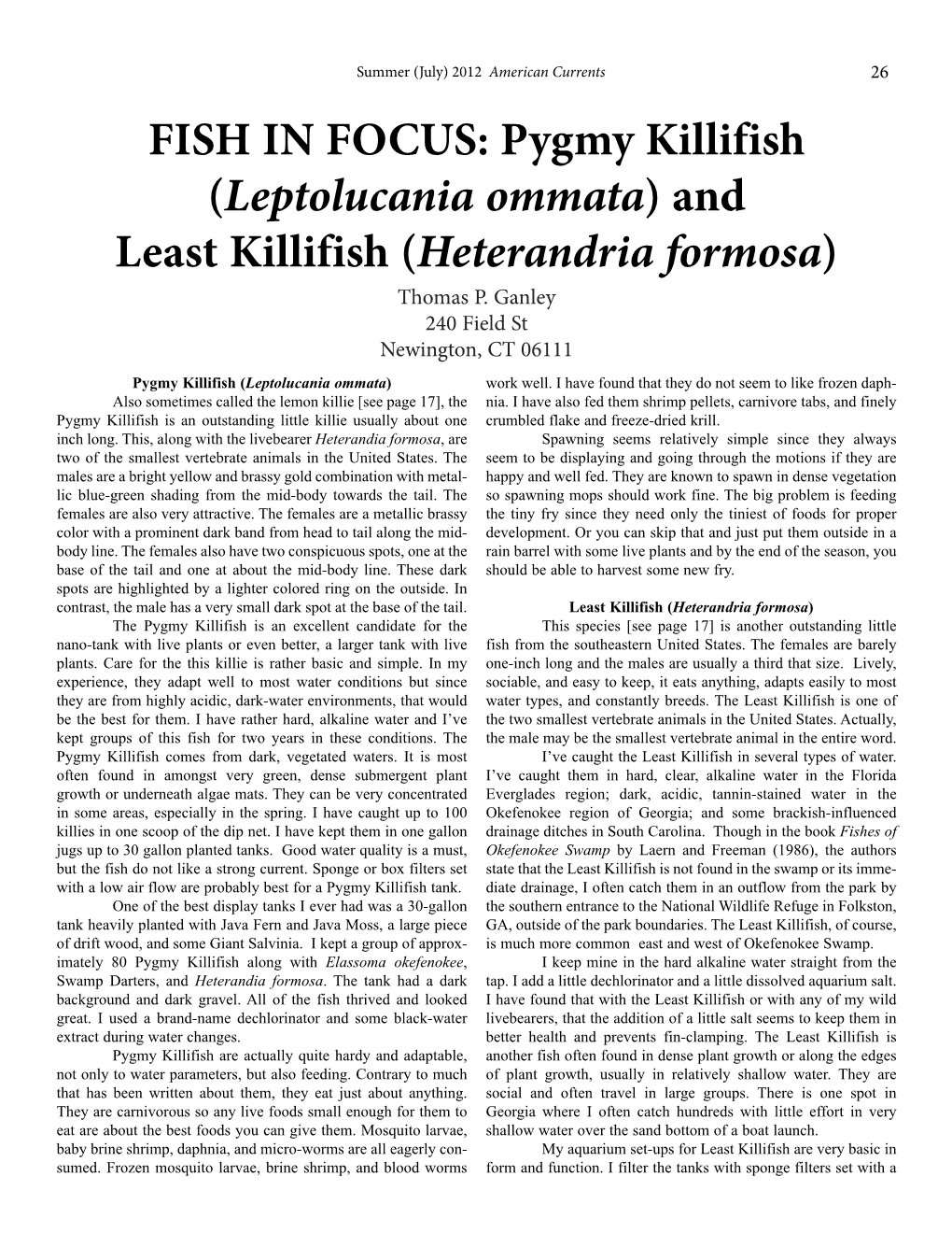 FISH in FOCUS: Pygmy Killifish (Leptolucania Ommata) and Least Killifish (Heterandria Formosa) Thomas P