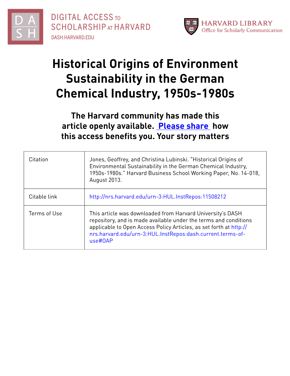 Historical Origins of Environment Sustainability in the German Chemical Industry, 1950S-1980S