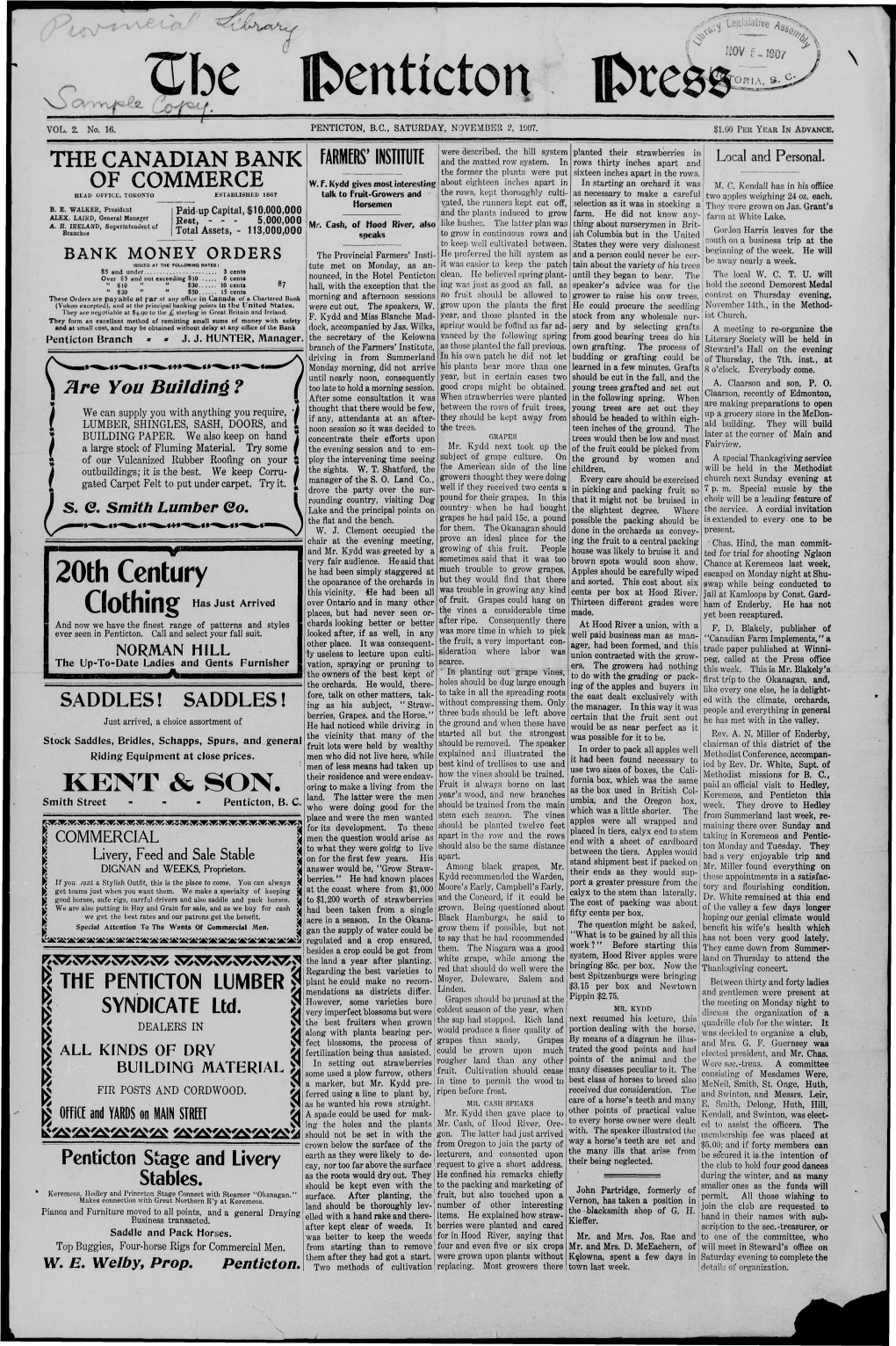 Penticton, B.C., Saturday, November 2, 1907