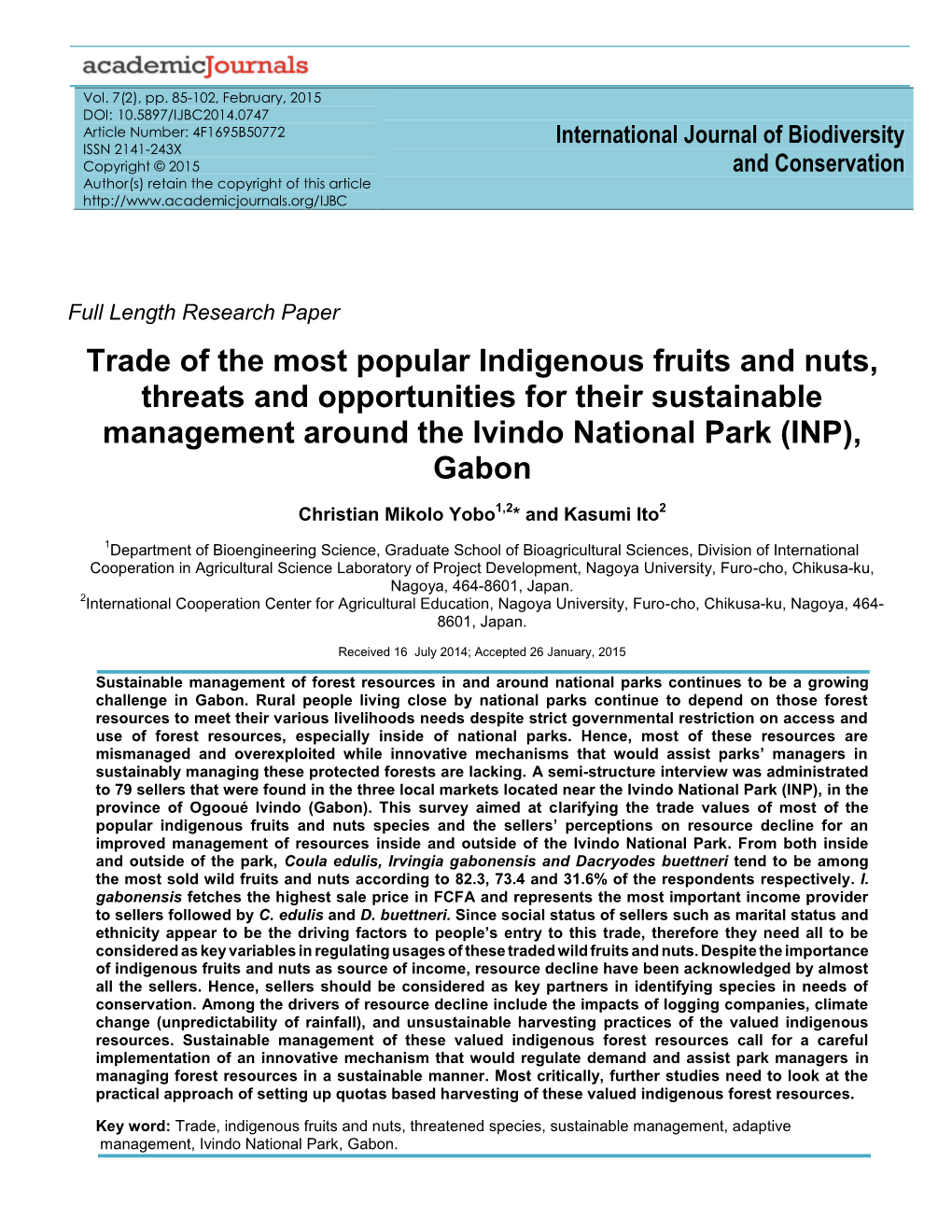 Trade of the Most Popular Indigenous Fruits and Nuts, Threats and Opportunities for Their Sustainable Management Around the Ivindo National Park (INP), Gabon