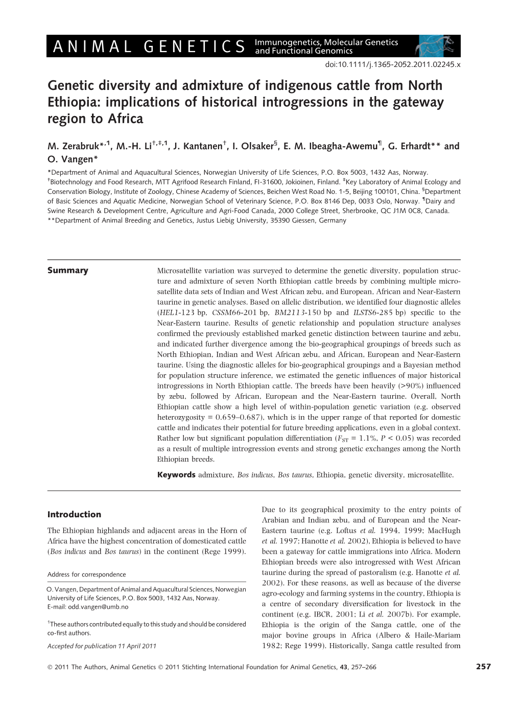 Genetic Diversity and Admixture of Indigenous Cattle from North Ethiopia: Implications of Historical Introgressions in the Gateway Region to Africa