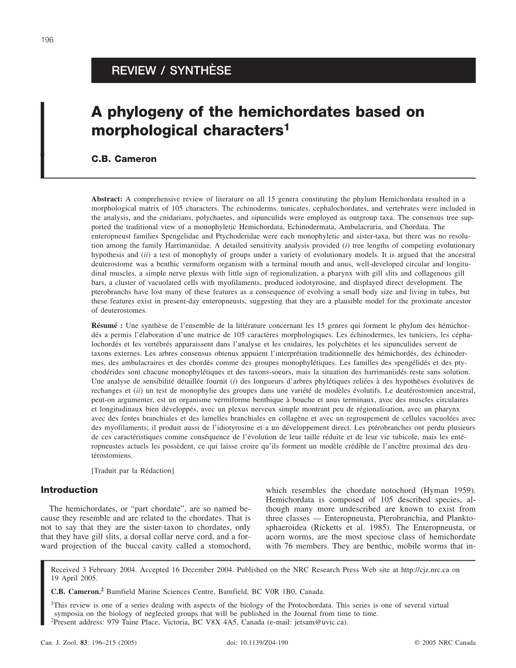 A Phylogeny of the Hemichordates Based on Morphological Characters1