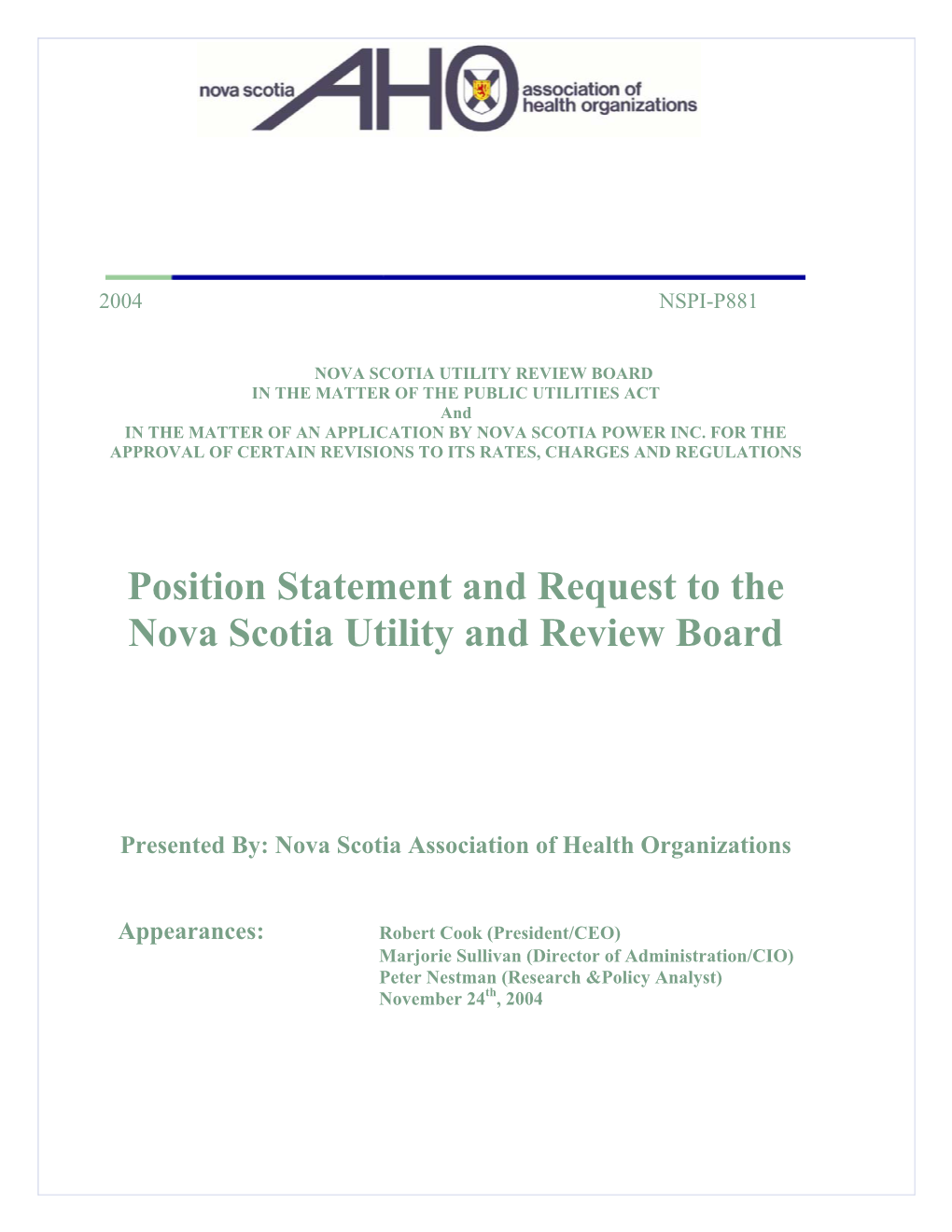 Position Statement and Request to the Nova Scotia Utility and Review Board