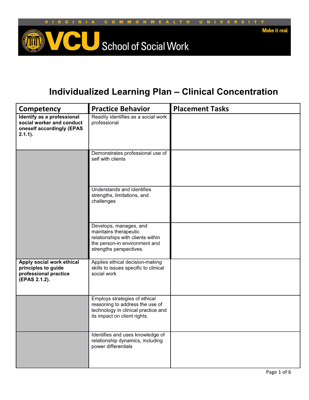 Individualized Learning Plan Clinical Concentration