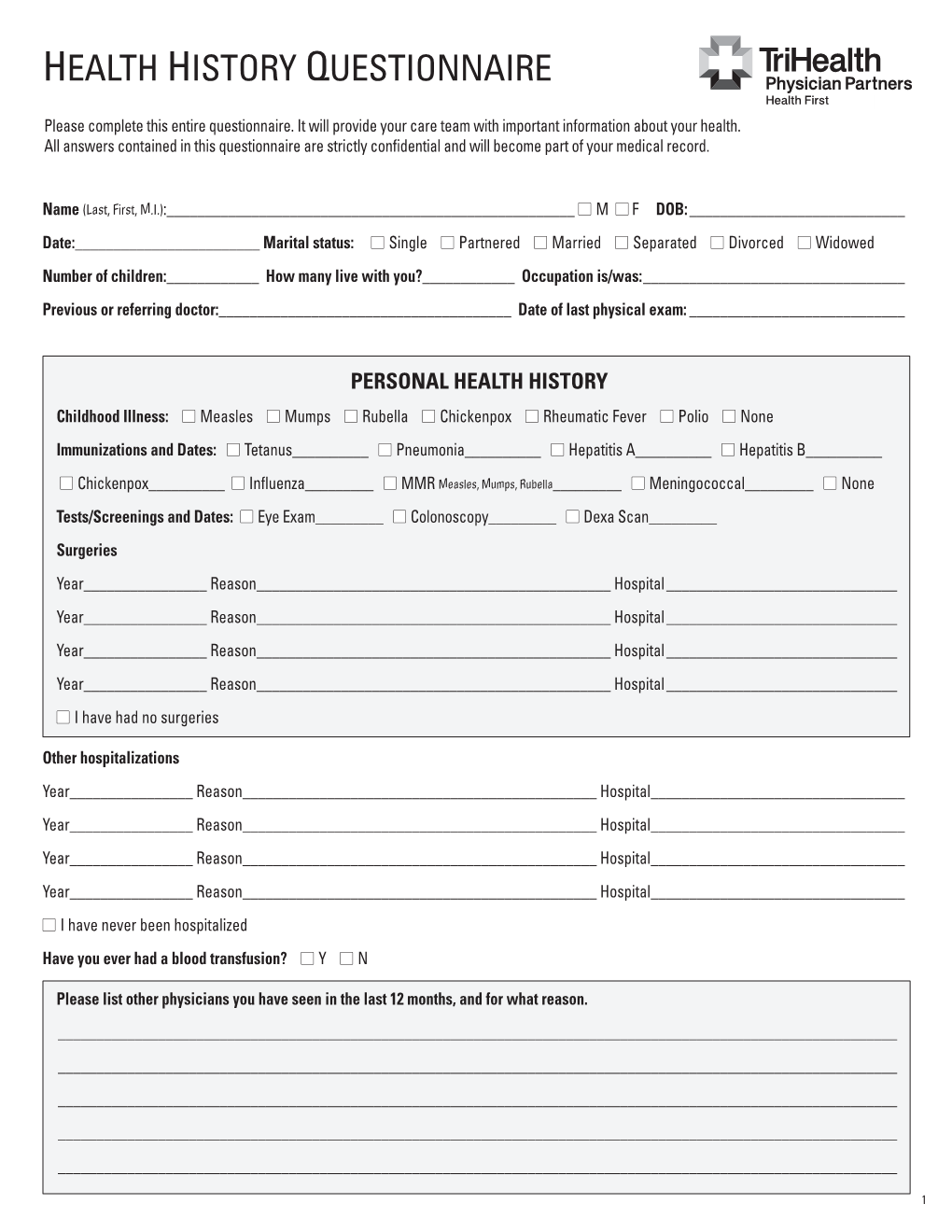 Personal Health History Questionnaire