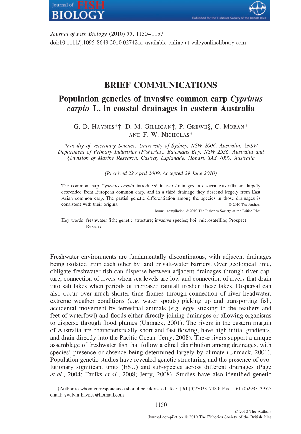 Population Genetics of Invasive Common Carp Cyprinus Carpio L. in Coastal Drainages in Eastern Australia
