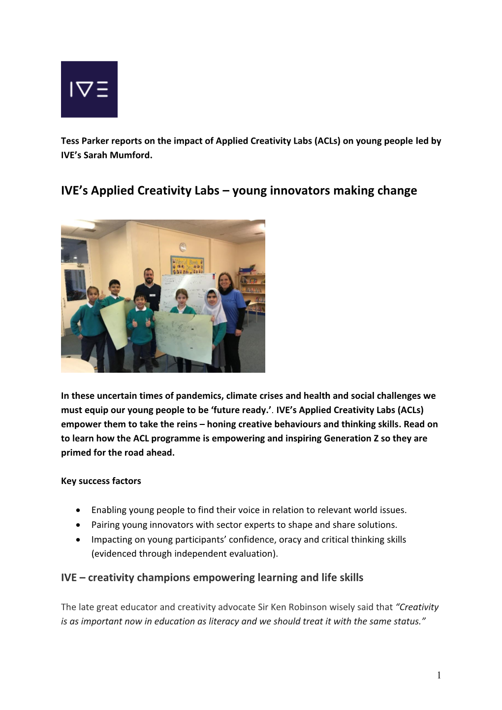 IVE's Applied Creativity Labs – Young Innovators Making Change