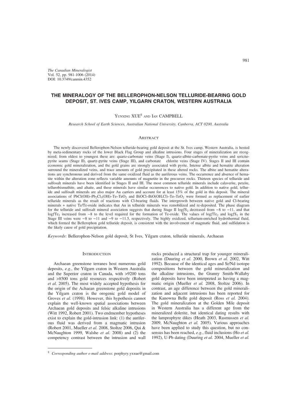 The Mineralogy of the Bellerophon-Nelson Telluride-Bearing Gold Deposit, St