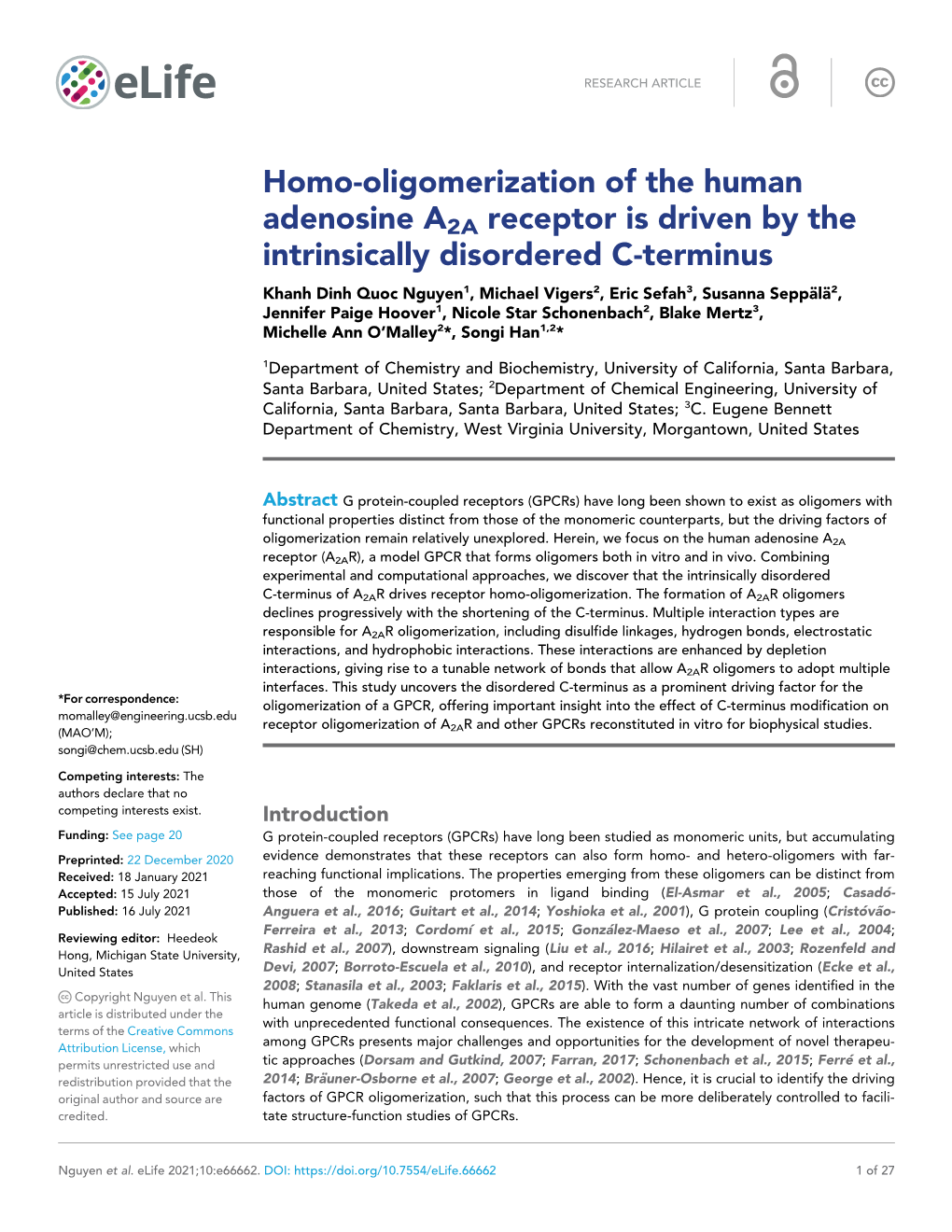 Homo-Oligomerization of the Human Adenosine A2A Receptor Is Driven