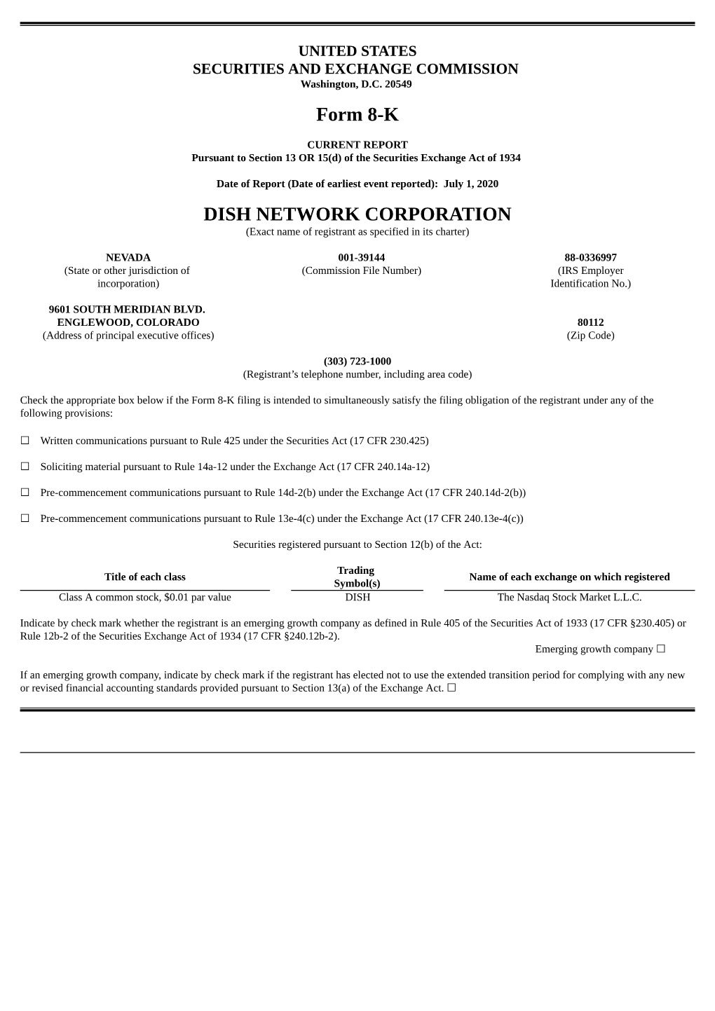 Form 8-K DISH NETWORK CORPORATION