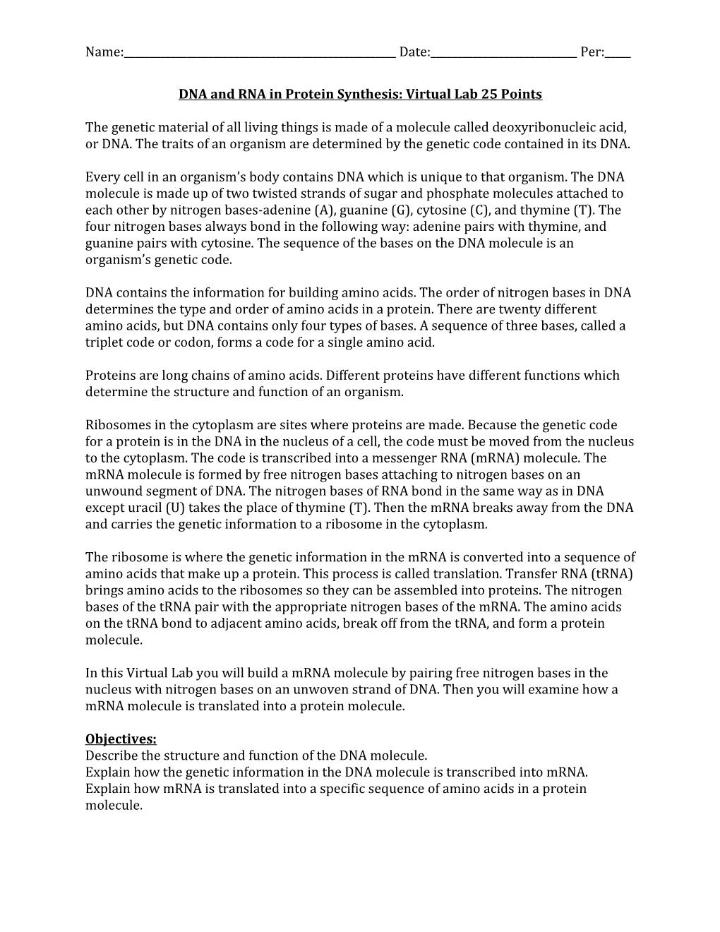 DNA and RNA in Protein Synthesis: Virtual Lab 25 Points