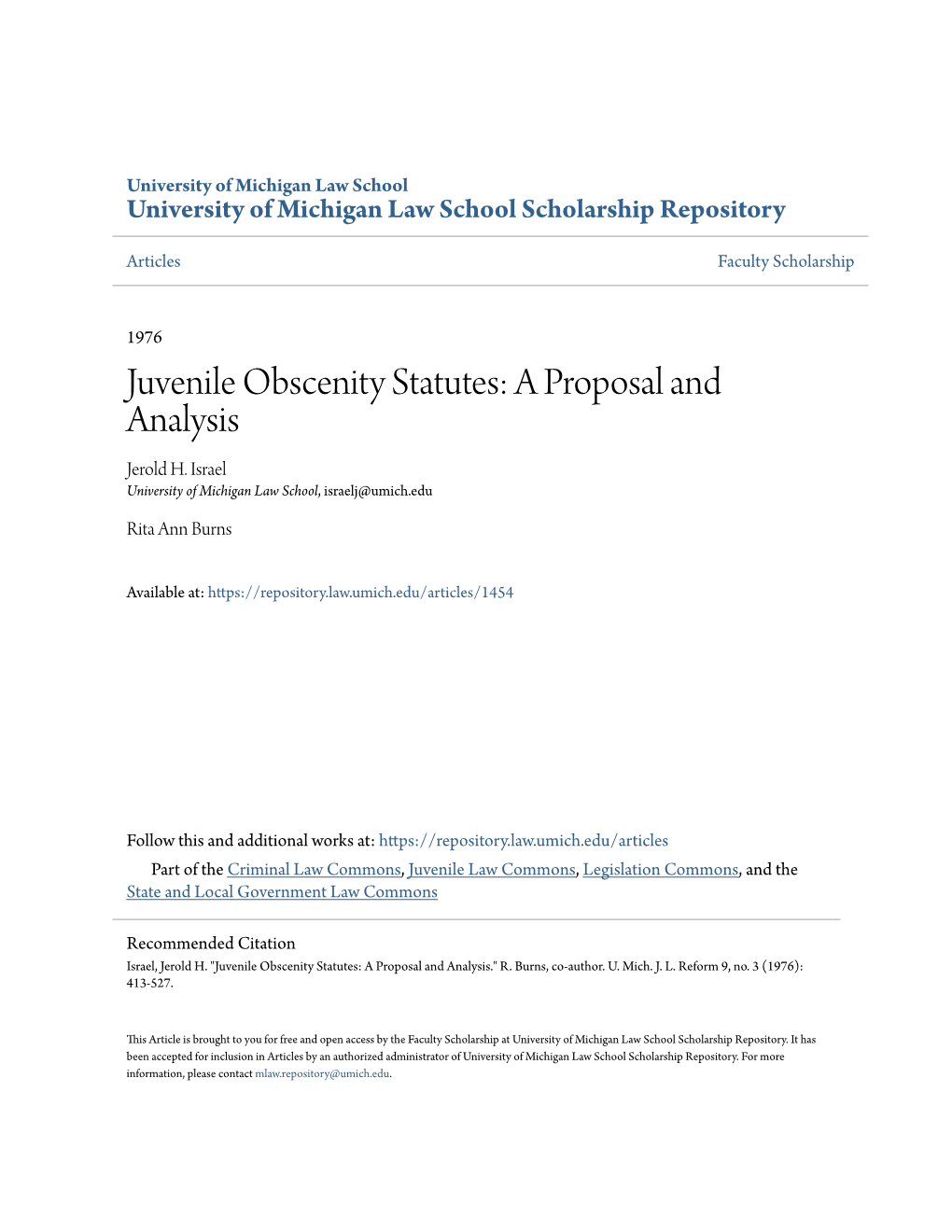 Juvenile Obscenity Statutes: a Proposal and Analysis Jerold H