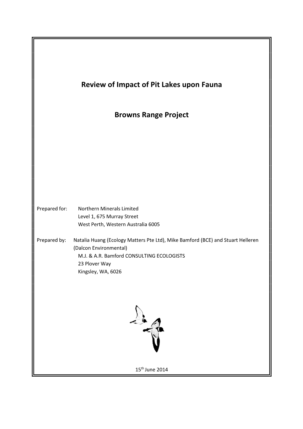 Review of Impact of Pit Lakes Upon Fauna Browns Range Project