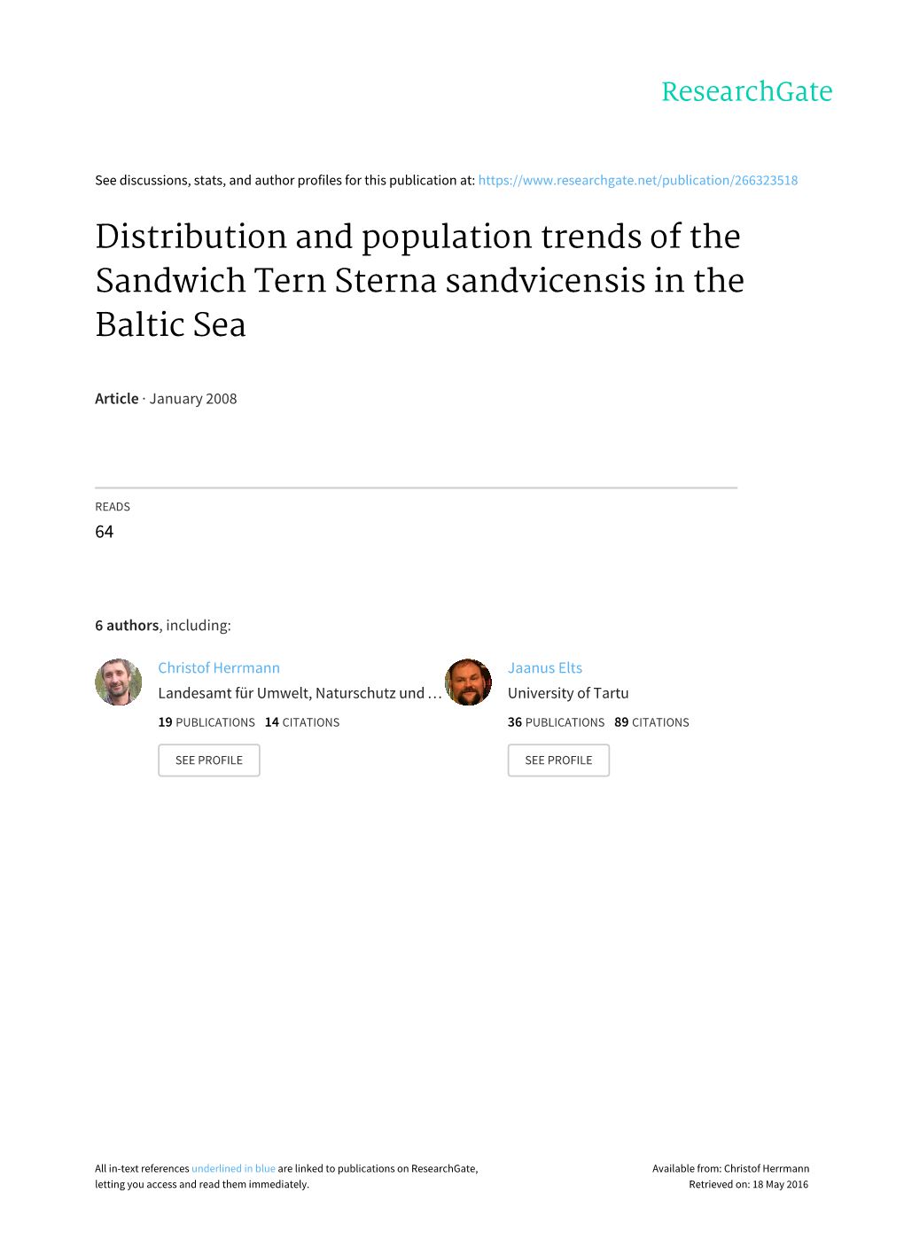 Distribution and Population Trends of the Sandwich Tern Sterna Sandvicensis in the Baltic Sea