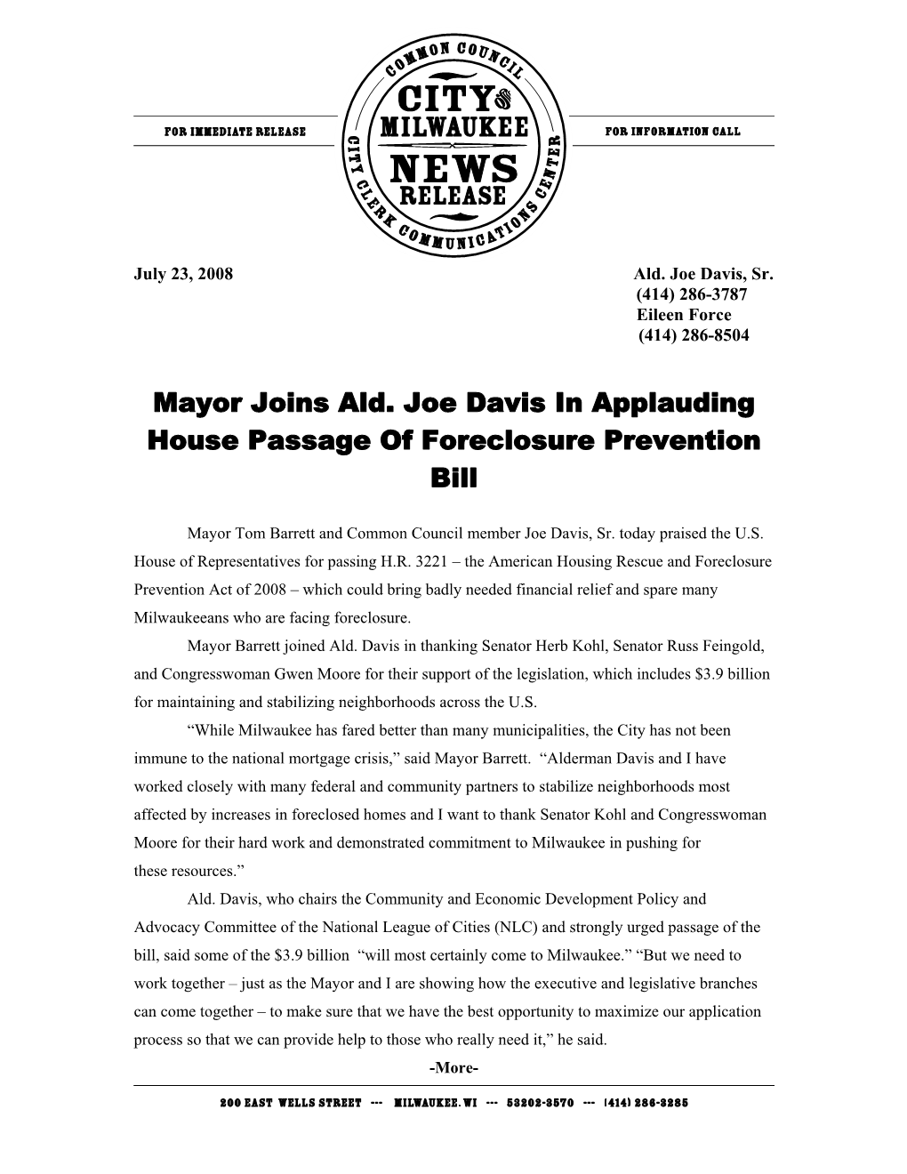 Mayor Joins Ald. Joe Davis in Applauding House Passage of Foreclosure Prevention Bill