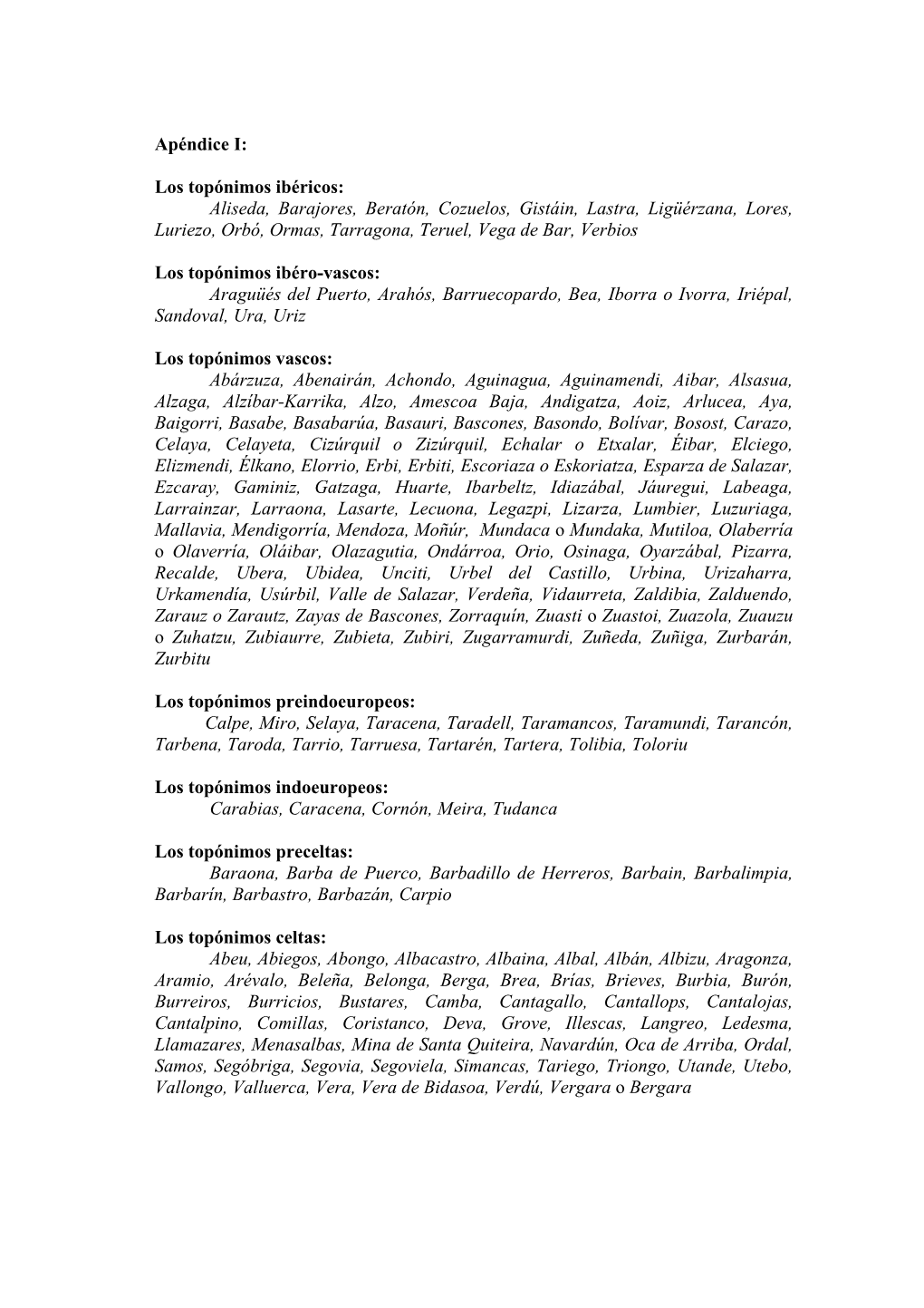 Los Topónimos Ibéricos: Aliseda, Barajores, Beratón, Cozuelos, Gistáin, Lastra, Ligüérzana, Lores, Luriezo, Orbó, Ormas, Tarragona, Teruel, Vega De Bar, Verbios