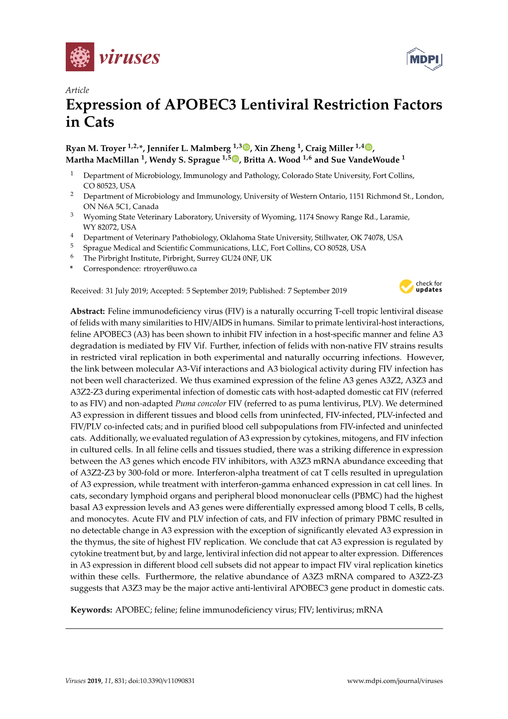 Expression of APOBEC3 Lentiviral Restriction Factors in Cats