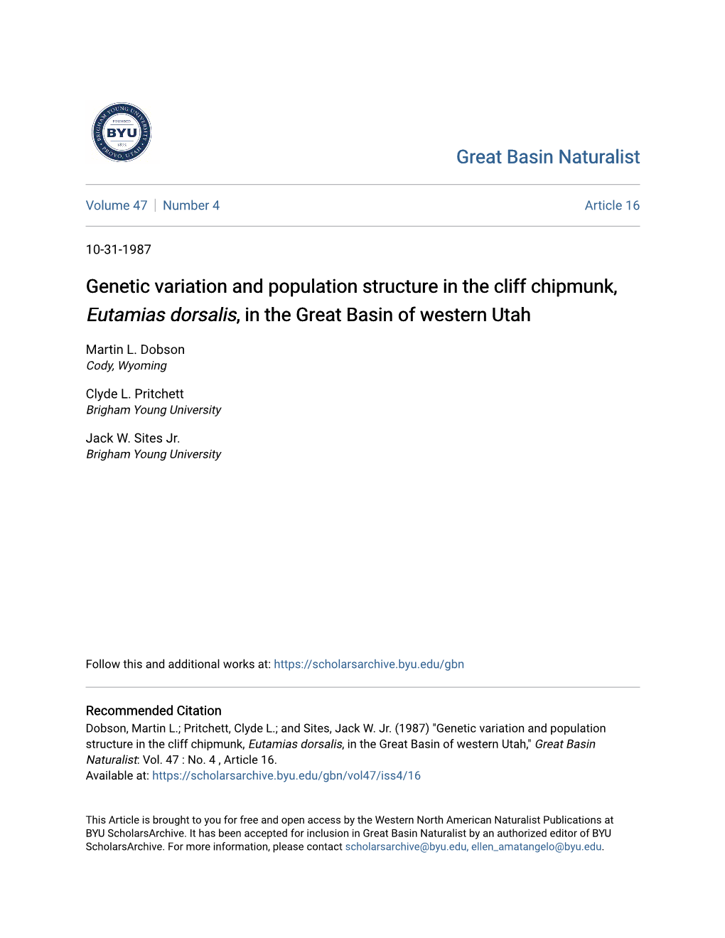 Genetic Variation and Population Structure in the Cliff Chipmunk, Eutamias Dorsalis, in the Great Basin of Western Utah