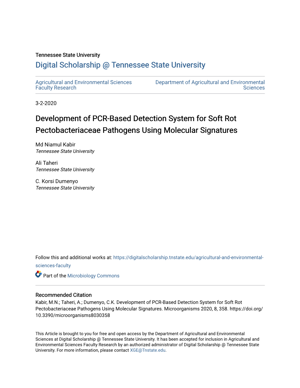 Development of PCR-Based Detection System for Soft Rot Pectobacteriaceae Pathogens Using Molecular Signatures