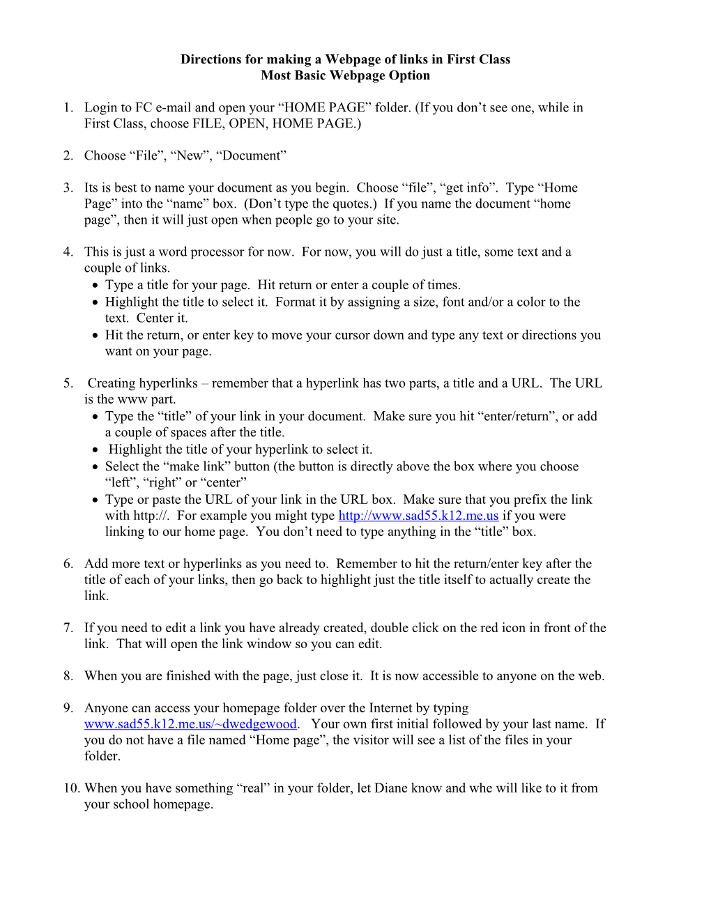 Directions for Making a Webpage of Links in First Class
