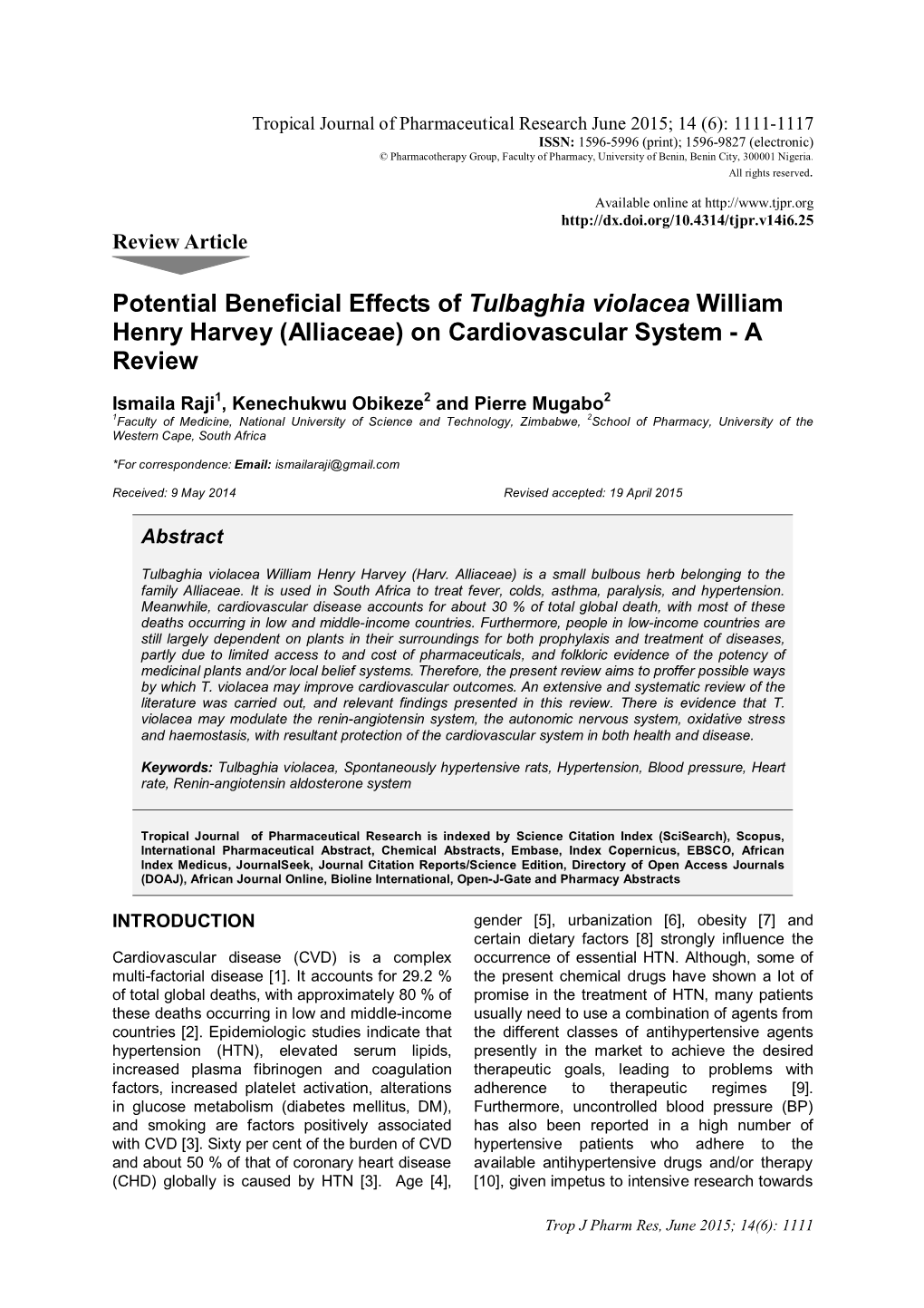 Potential Beneficial Effects of Tulbaghia Violacea William Henry Harvey (Alliaceae) on Cardiovascular System - a Review