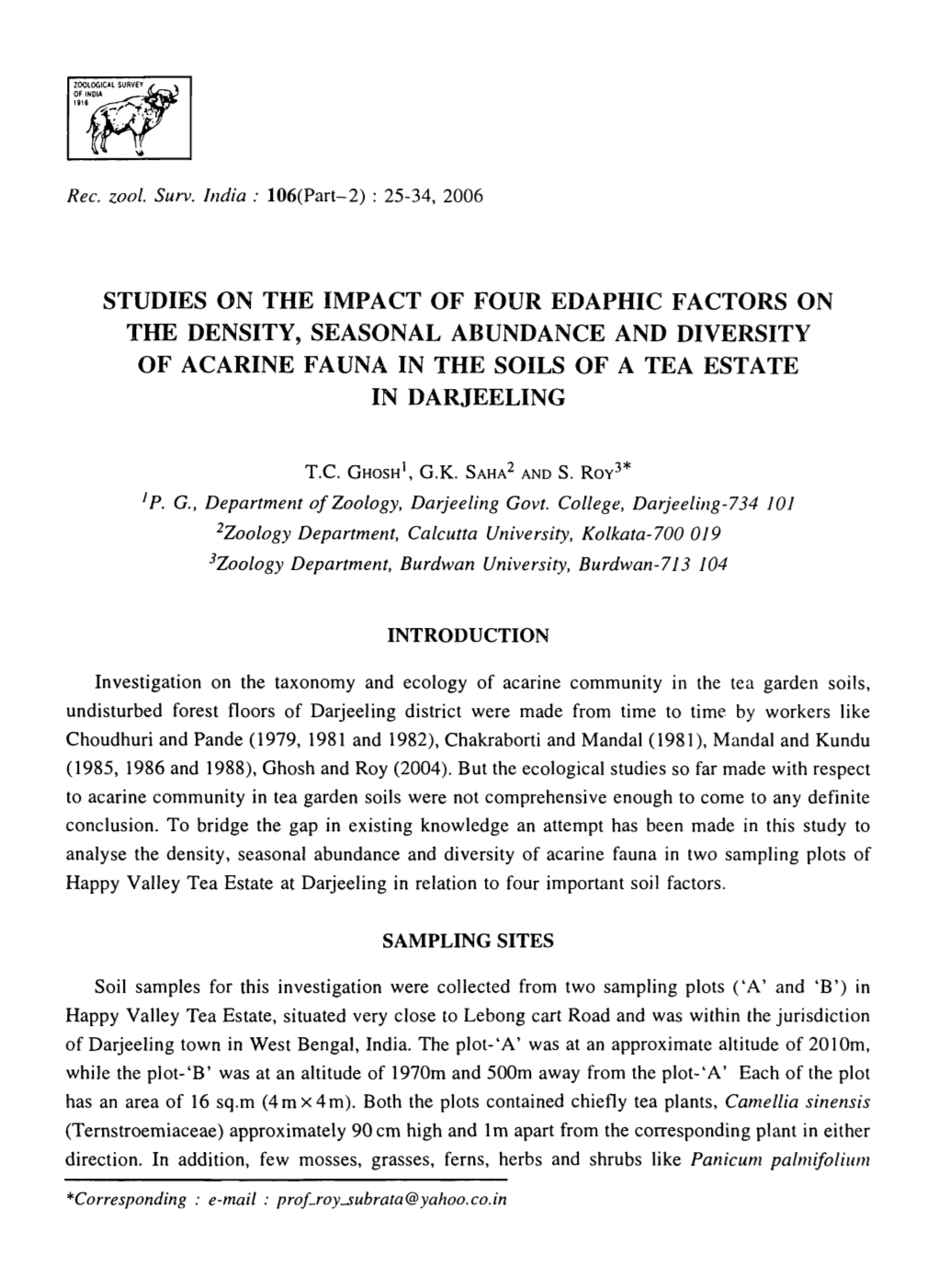 Studies on the Impact of Four Edaphic Factors on the Density, Seasonal Abundance and Diversity of Acarine Fauna in the Soils of a Tea Estate in Darjeeling