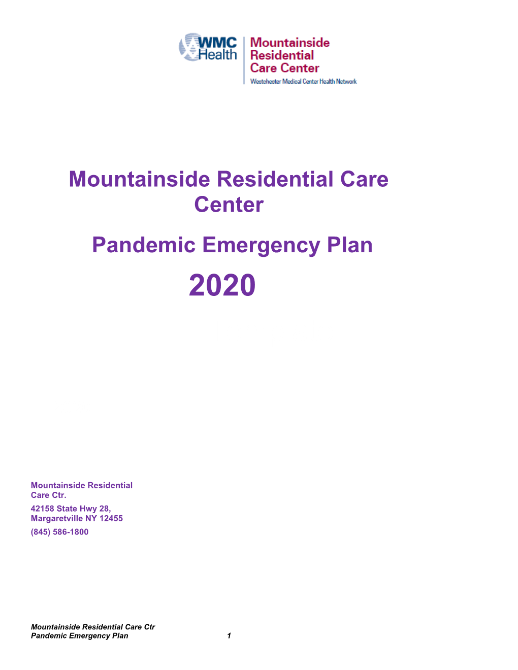 Mountainside Residential Care Center Pandemic Emergency Plan 2020 Template