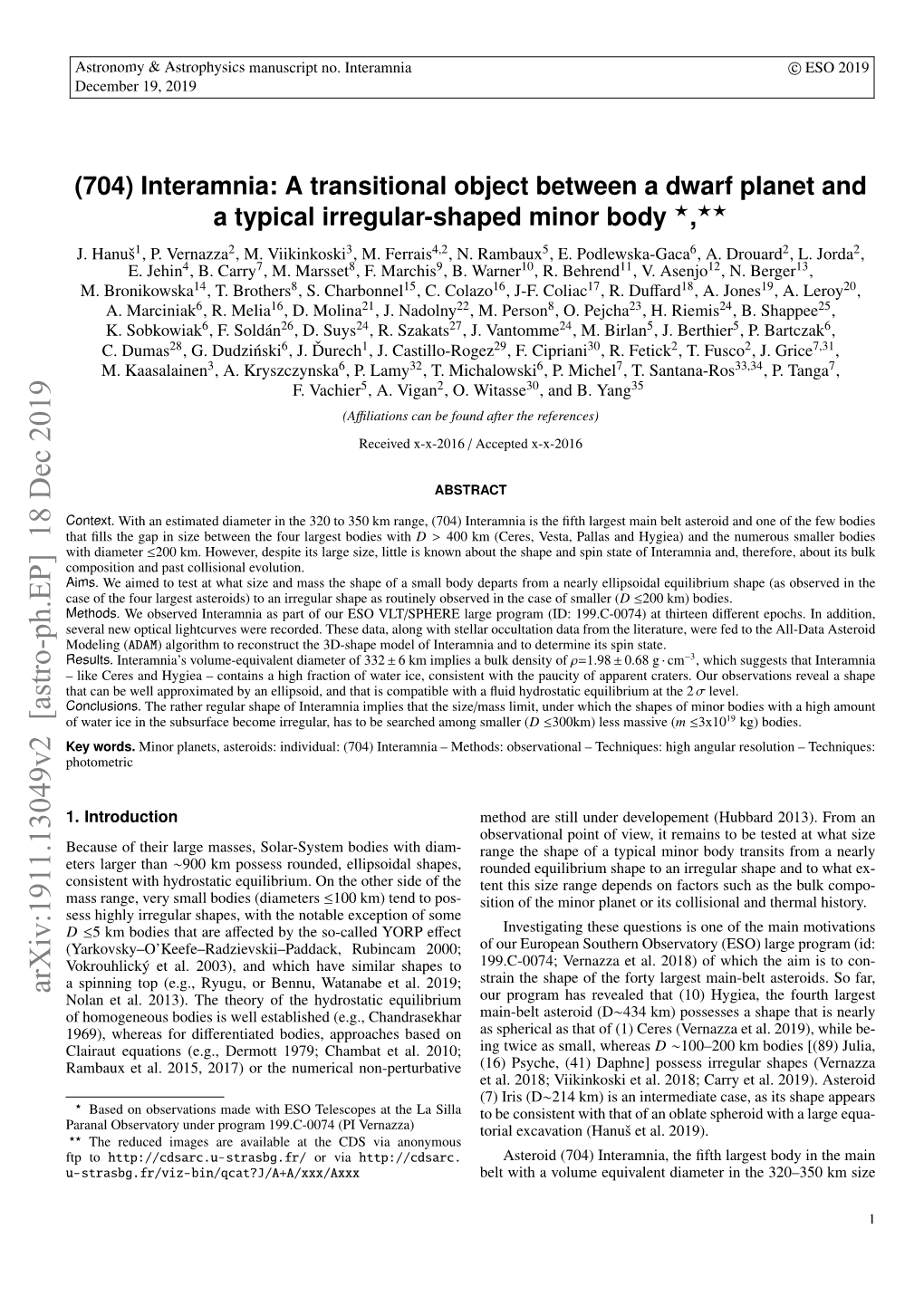 (704) Interamnia: a Transitional Object Between a Dwarf Planet and a Typical Irregular-Shaped Minor Body ?,?? J