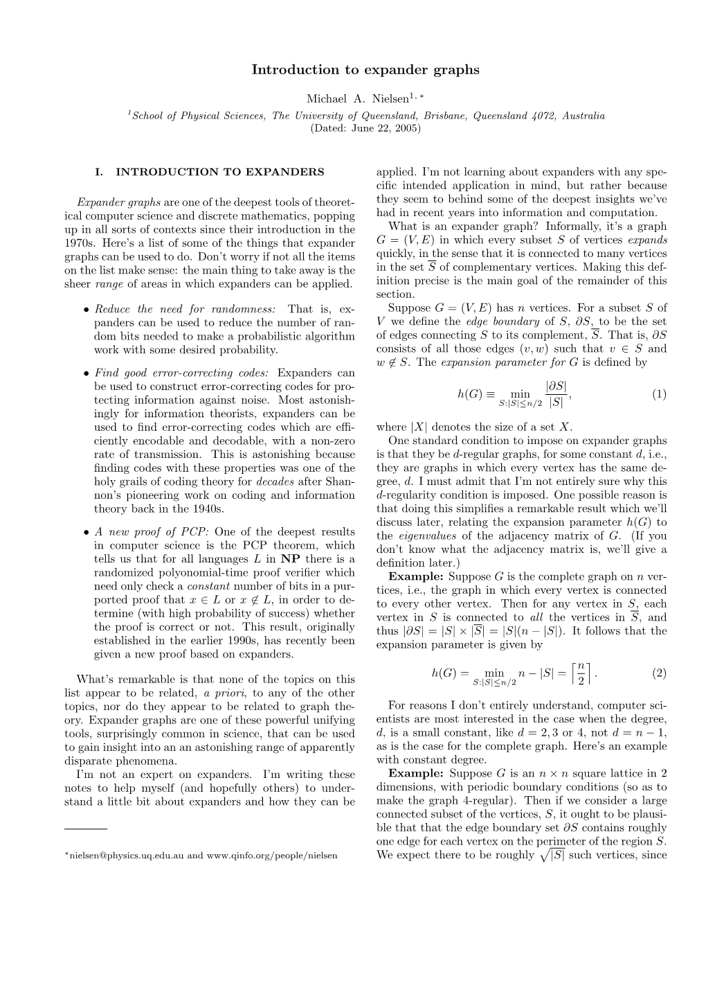 Introduction to Expander Graphs