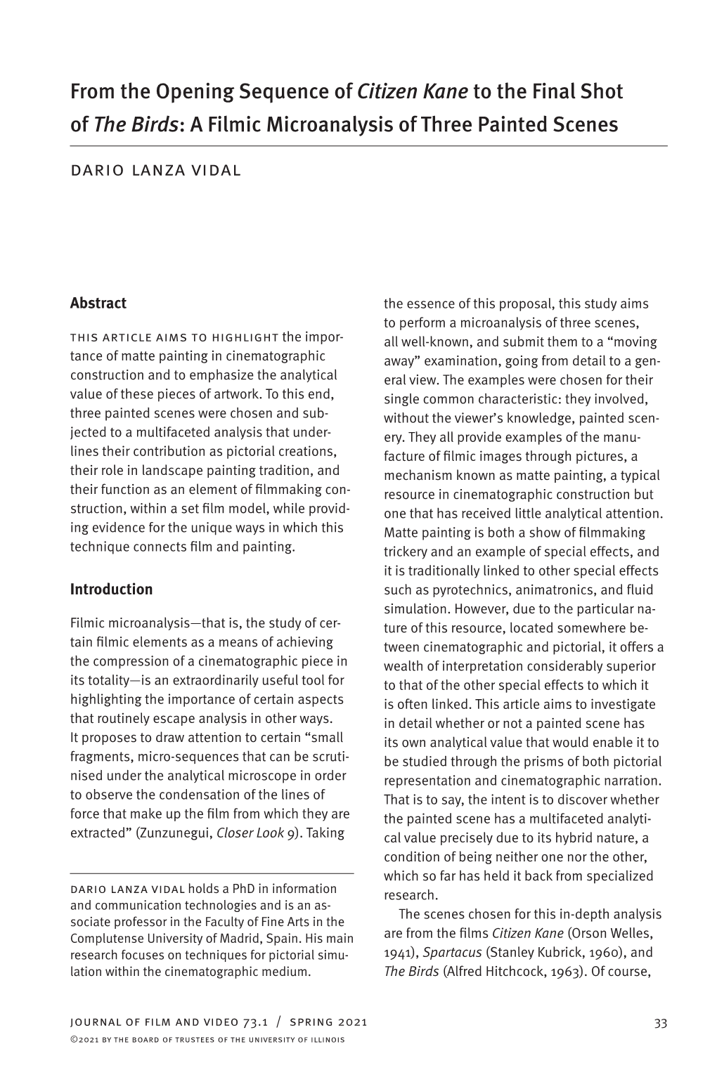From the Opening Sequence of Citizen Kane to the Final Shot of the Birds: a Filmic Microanalysis of Three Painted Scenes Dario Lanza Vidal