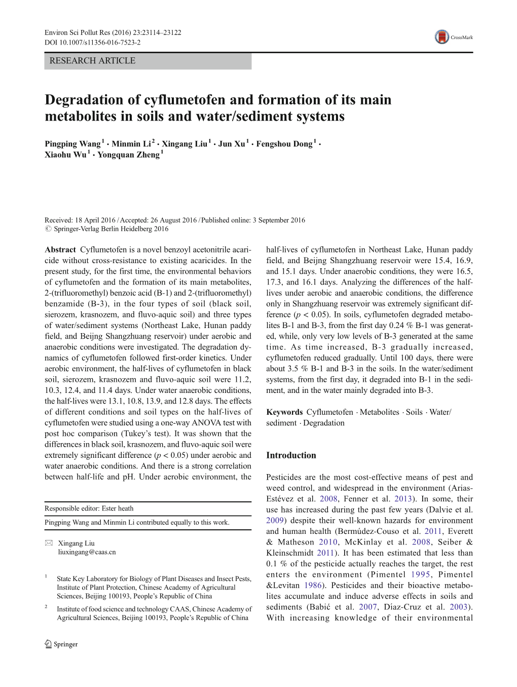 Degradation of Cyflumetofen and Formation of Its Main Metabolites in Soils and Water/Sediment Systems