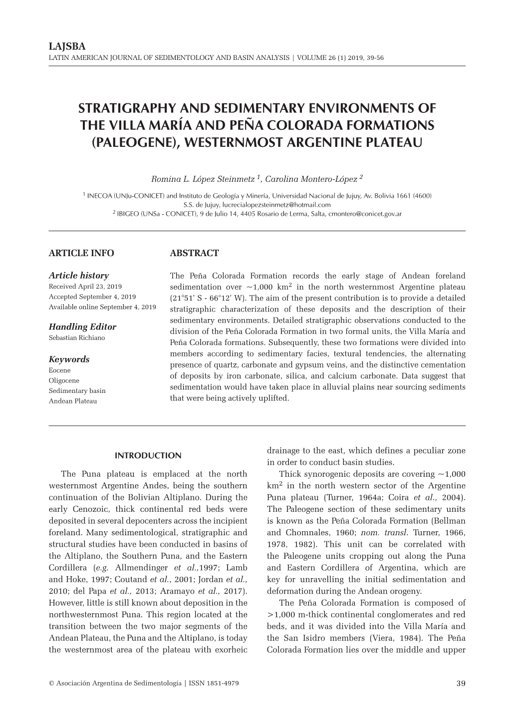 Stratigraphy and Sedimentary Environments of the Villa María and Peña Colorada Formations (Paleogene), Westernmost Argentine Plateau