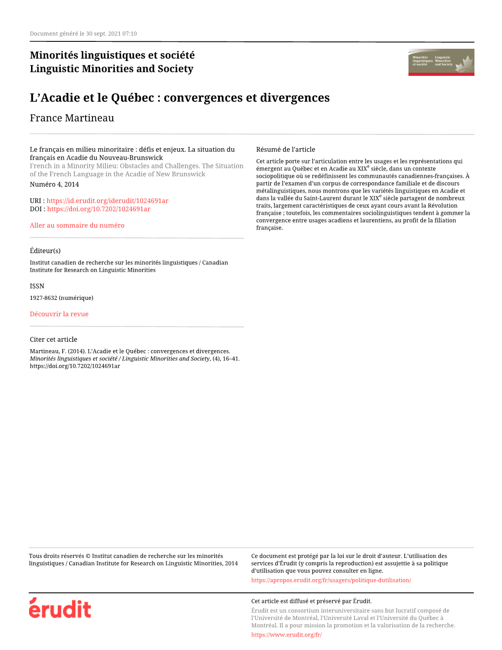 L'acadie Et Le Québec : Convergences Et Divergences