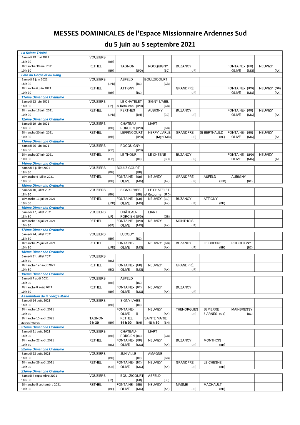 MESSES DOMINICALES De L'espace Missionnaire Ardennes Sud Du 5 Juin Au 5 Septembre 2021