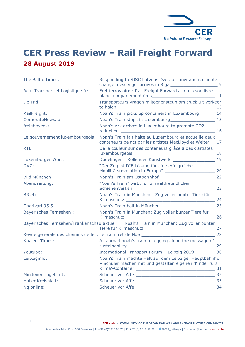 CER Press Review – Rail Freight Forward 28 August 2019