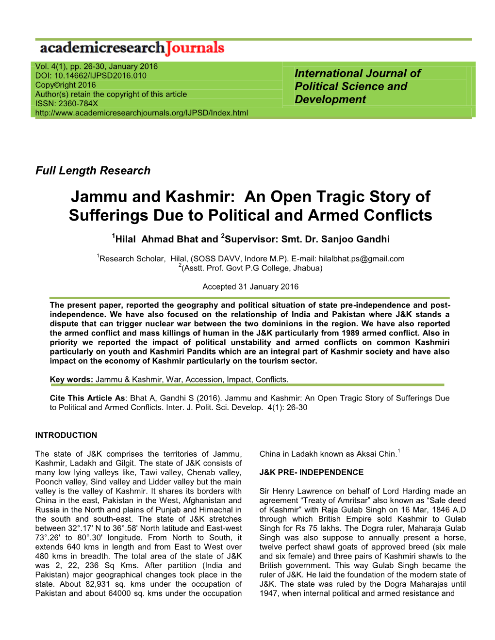 Jammu and Kashmir: an Open Tragic Story of Sufferings Due to Political and Armed Conflicts