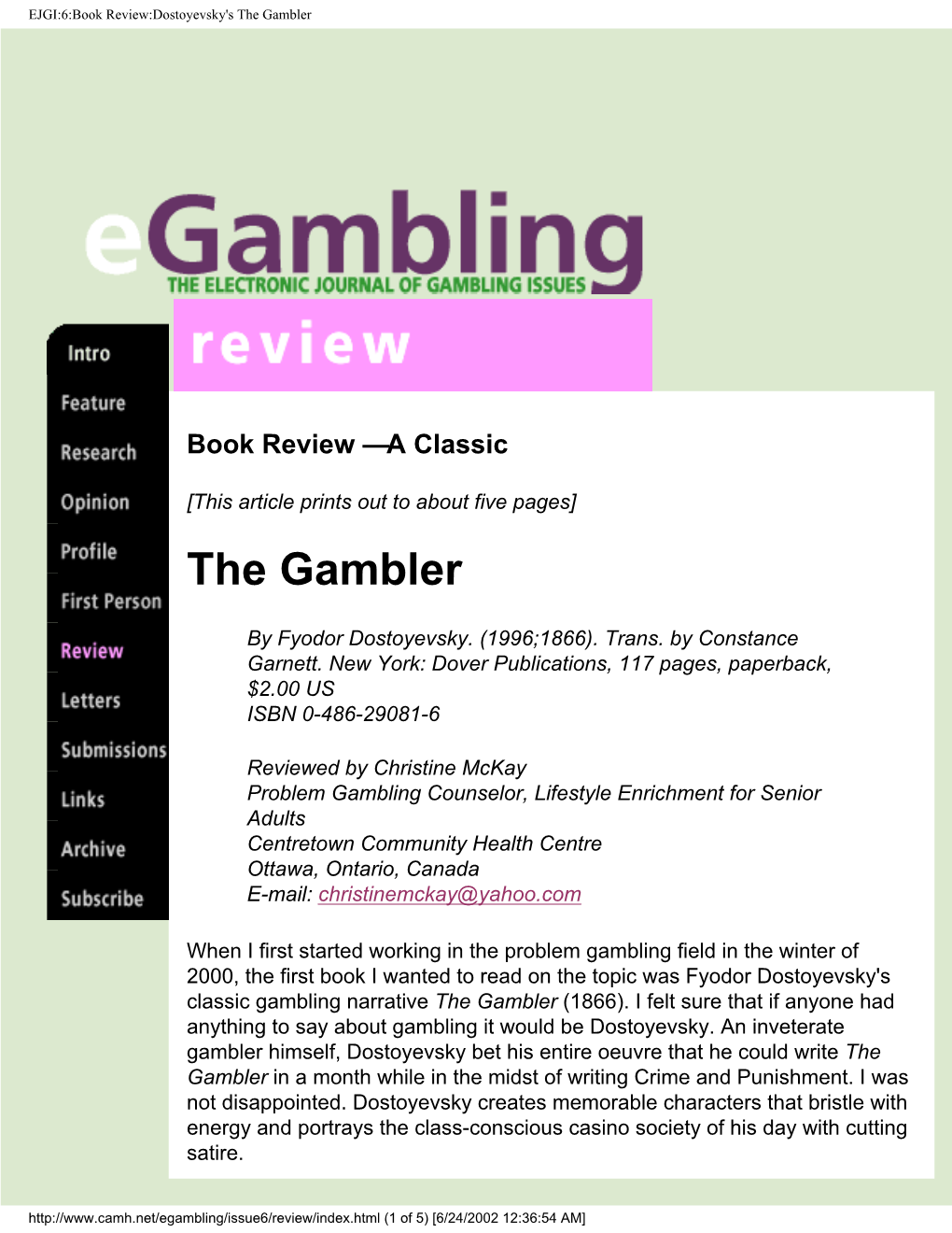 EJGI:6:Book Review:Dostoyevsky's the Gambler