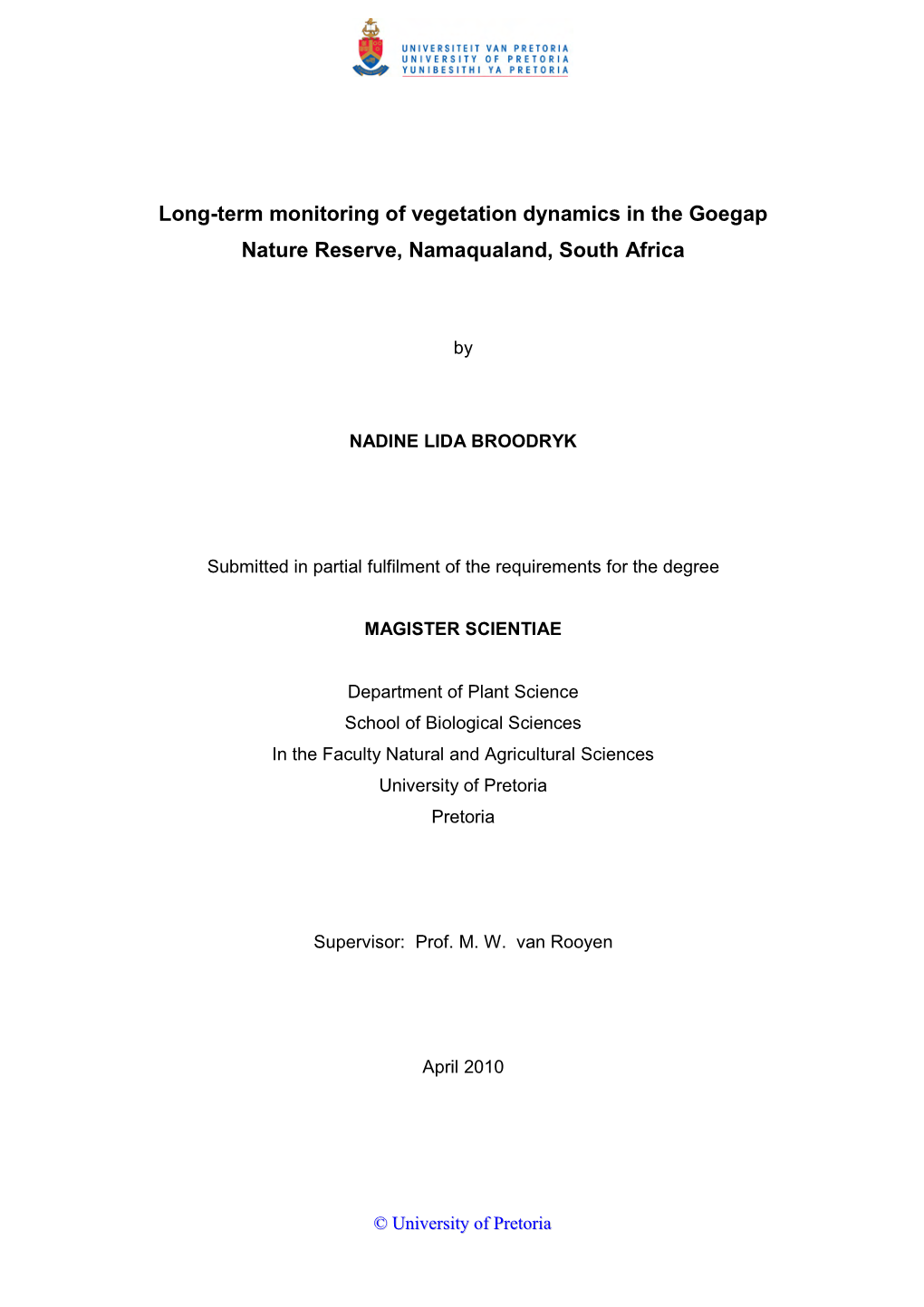 Long-Term Monitoring of Vegetation Dynamics in the Goegap Nature Reserve, Namaqualand, South Africa