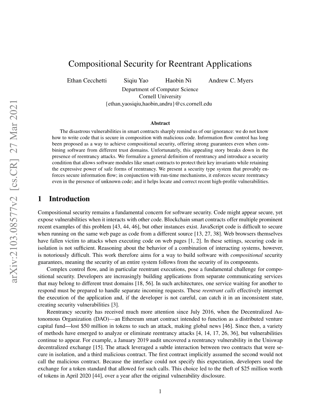 Compositional Security for Reentrant Applications