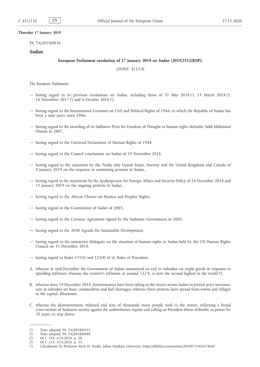 European Parliament Resolution of 17 January 2019 on Sudan (2019/2512(RSP)) (2020/C 411/14)