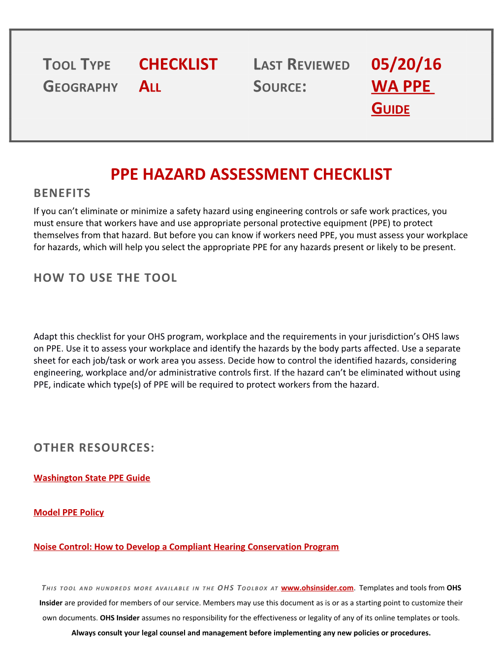 Ppe Hazard Assessment Checklist