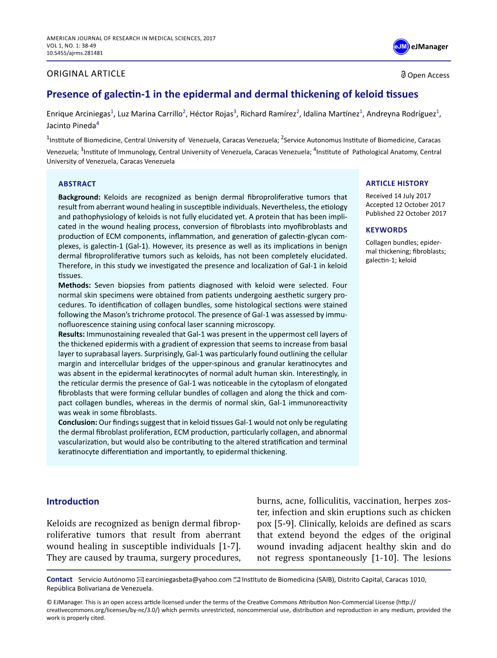 Presence of Galectin-1 in the Epidermal and Dermal Thickening of Keloid Tissues