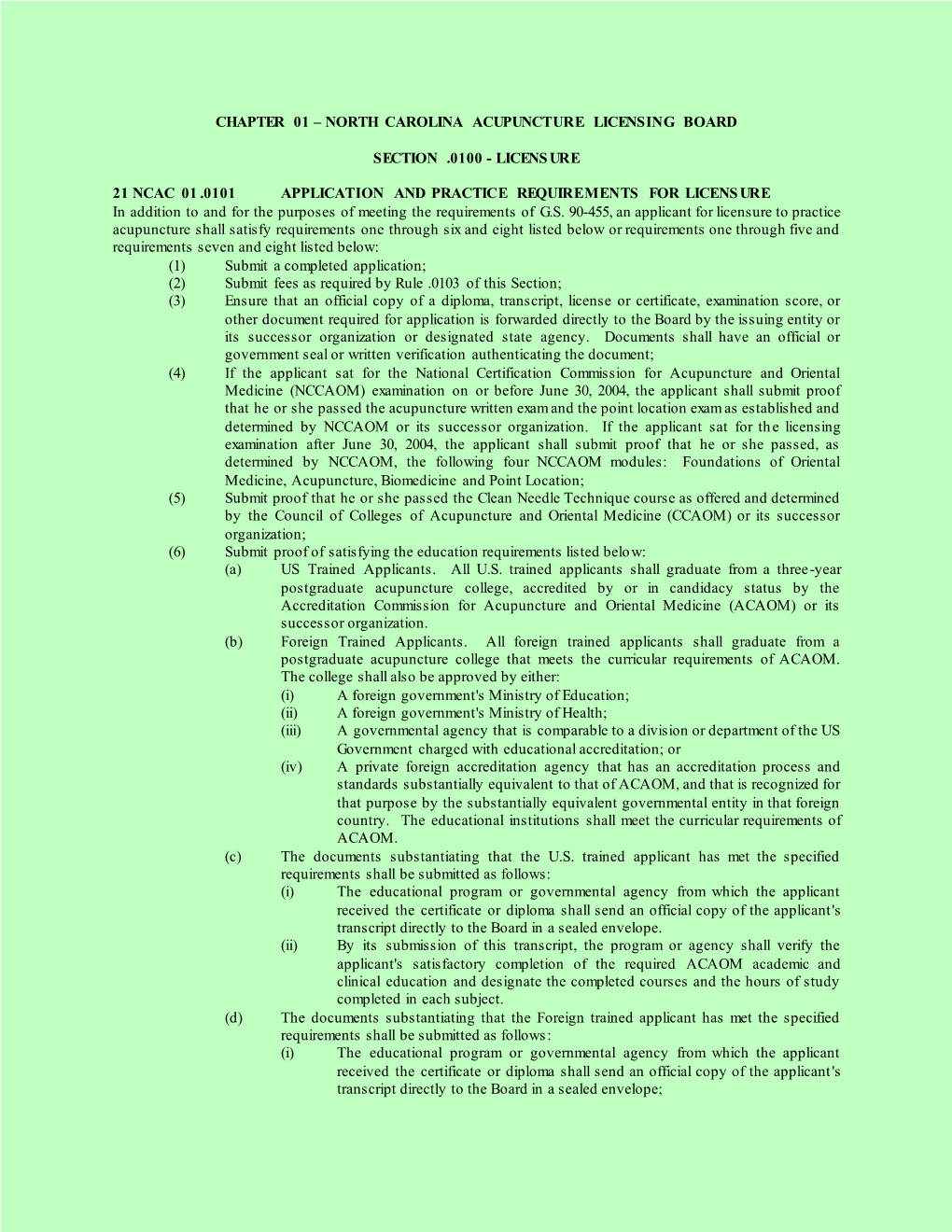 Chapter 01 – North Carolina Acupuncture Licensing Board