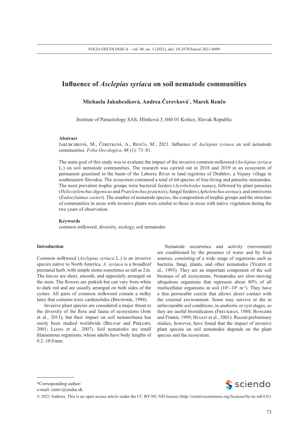 Influence of Asclepias Syriaca on Soil Nematode Communities