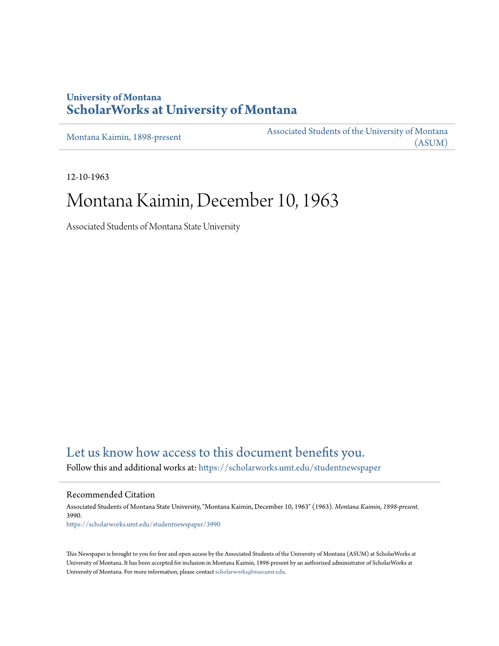 Montana Kaimin, December 10, 1963 Associated Students of Montana State University